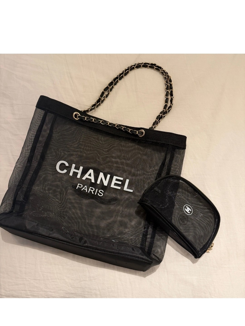 New CC Black Mesh Tote with Logo and Matching Cosmetic Pouch - Picture 4 of 6